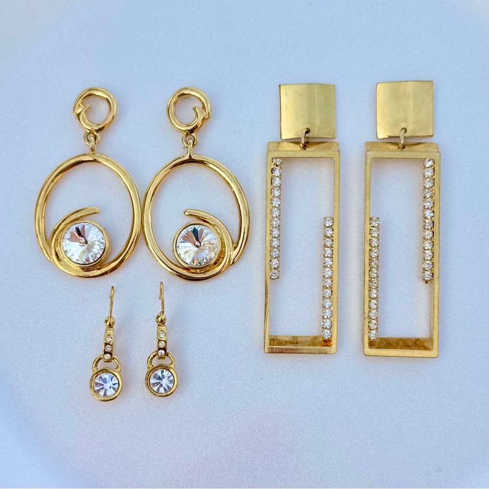 Vintage 1980’s Post Back Crystal Earrings Rhinestones Bling Gold Tone Lot
